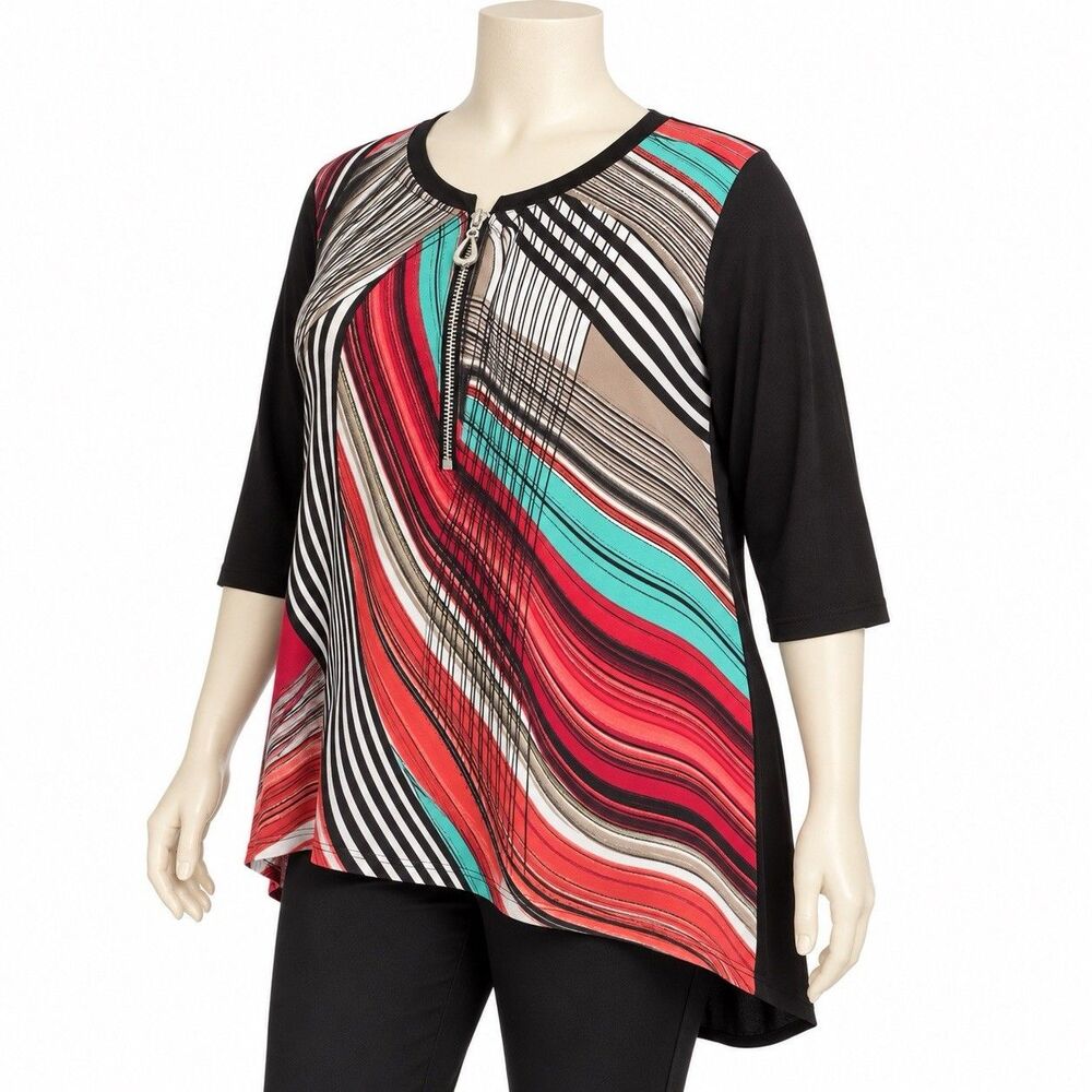 Cato Womens 18/20W Abstract Quarter Zip High Low Tunic Top Black 3/4 Sleeve Plus